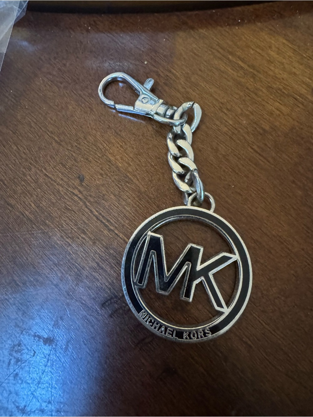 Michael Kors MK Purse Logo Key Fob Bag Charm Keychain Medallion Silver Tone